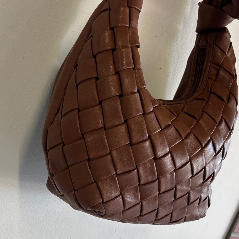 Brown Woven Vegan Leather Shoulder Bag - Picture 2 of 6